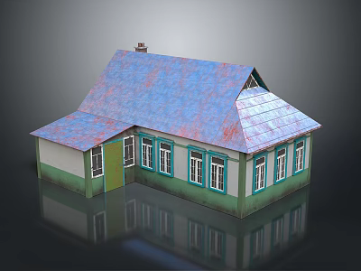 Small Residential House With Green White Walls Blue Roof Multiple Windows And Chimney 3d model