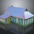 Small Residential House With Green White Walls Blue Roof Multiple Windows And Chimney