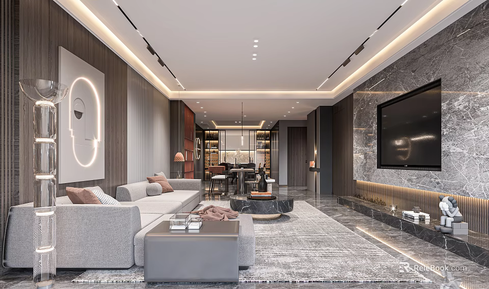 Modern Elegant Living Dining Room Interior With Grey Sofa Coffee Table TV Wall And Lighting 3d model 