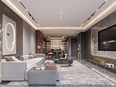Modern Elegant Living Dining Room Interior With Grey Sofa Coffee Table TV Wall And Lighting 3d model