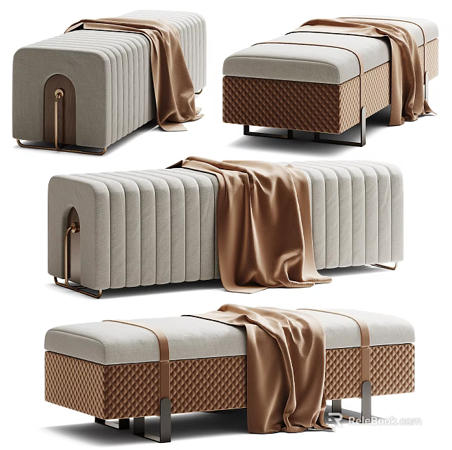Elegant Modern Sofa Bench With Gray Fabric Brown Blanket Woven Base And Metal Accents 3d model 