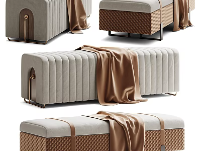 Elegant Modern Sofa Bench With Gray Fabric Brown Blanket Woven Base And Metal Accents 3d model