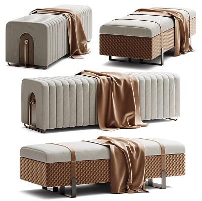Elegant Modern Sofa Bench With Gray Fabric Brown Blanket Woven Base And Metal Accents 3d model