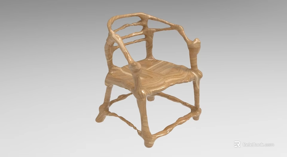 Wooden Single Chair With Natural Wood Grain And Unique Curved Armrest Design 3d model 