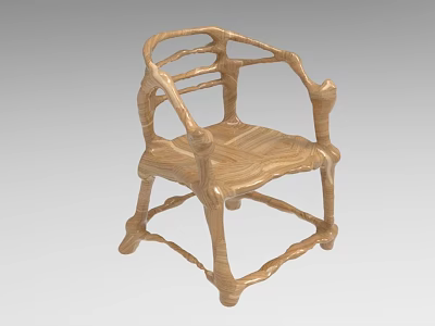 Wooden Single Chair With Natural Wood Grain And Unique Curved Armrest Design 3d model