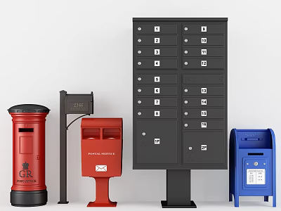 Different Colored Mailboxes With Red Black Blue Designs And Multiple Compartment Styles 3d model