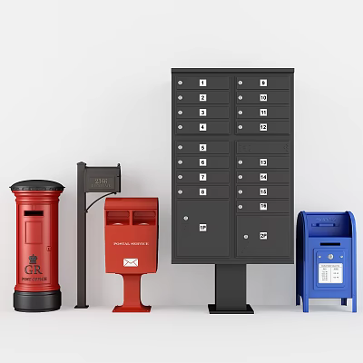 Different Colored Mailboxes With Red Black Blue Designs And Multiple Compartment Styles 3d model
