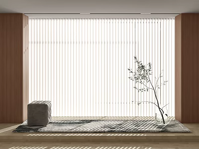 Light Filtering Vertical Curtain in Room With Wooden Walls Plant Stool and Sunlight 3d model