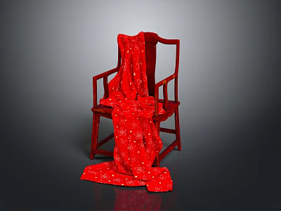 Red Chinese Style Wooden Chair Draped With Red Cloth Featuring White Floral Patterns 3d model