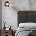 Cozy Bedroom Interior With Wooden Headboard Gray Blanket White Pillows And Black Pendant Light