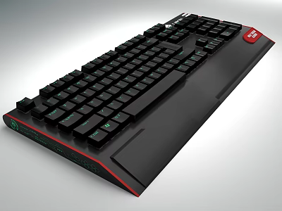 Ergonomic Black Gaming Keyboard With Red Accents And Green Backlit Keys 3d model