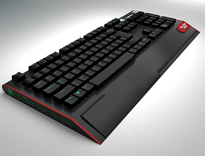 Ergonomic Black Gaming Keyboard With Red Accents And Green Backlit Keys 3d model