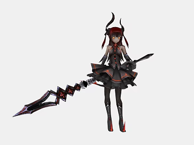 Gothic Style Game Character With Red Hair Horns Black And Red Outfit And Long Spear 3d model
