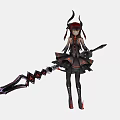 Gothic Style Game Character With Red Hair Horns Black And Red Outfit And Long Spear