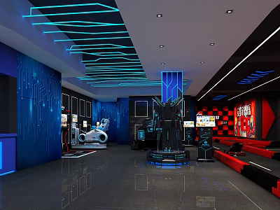 Tech Themed Indoor Playground With Blue Lighting Ceiling Stripes Gaming Gear Red Seats Checkerboard Walls 3d model