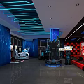 Tech Themed Indoor Playground With Blue Lighting Ceiling Stripes Gaming Gear Red Seats Checkerboard Walls