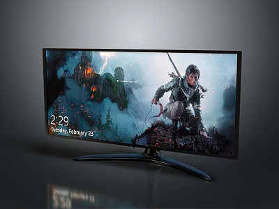 Curved Computer Monitor Gaming Display With Character Castle Time Date On Screen 3d model
