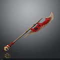 Red and Gold Ornate Weapon With Long Handle Scythe Blade and Gemstone Accents
