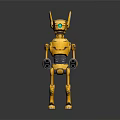 Yellow 3D Robot Character Model With Green Eyes Antenna Ears Metallic Texture And Standing Pose