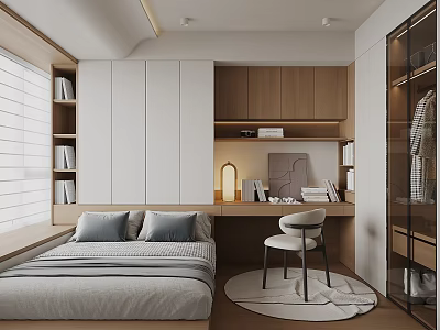 Modern Minimalist Tatami Bedroom With Desk Wardrobe And Wooden Cozy Interior Design 3d model