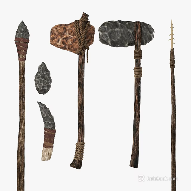 Ancient Stone Tool Components with Wood Handles and Rope Bound Details 3d model 