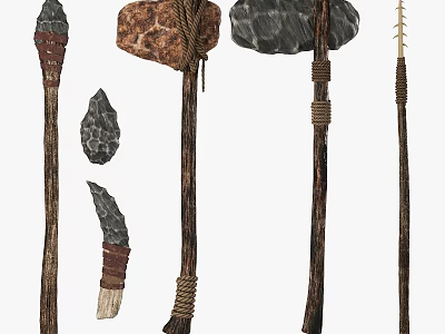 Ancient Stone Tool Components with Wood Handles and Rope Bound Details 3d model