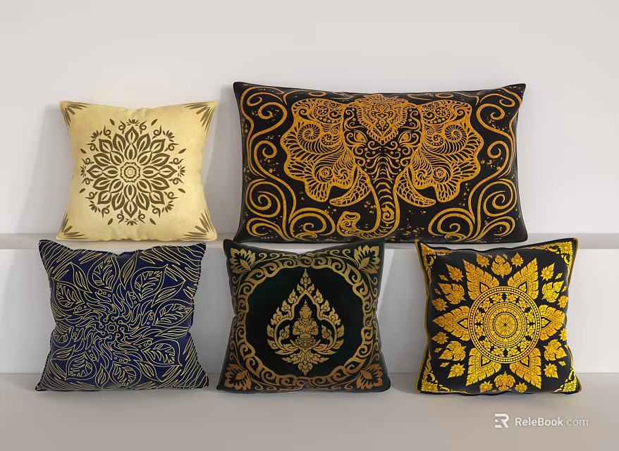 Colorful Decorative Throw Pillows Featuring Floral Elephant And Lotus Patterns 3d model