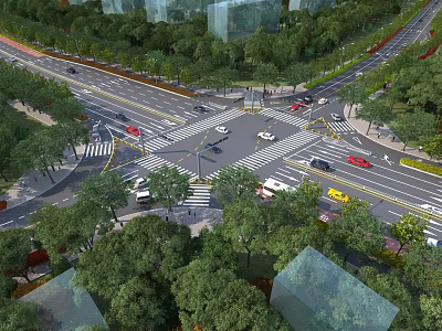 Wide Modern Urban Road Intersection With Lush Surrounding Green Trees And Orderly Running Vehicles 3d model