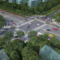 Wide Modern Urban Road Intersection With Lush Surrounding Green Trees And Orderly Running Vehicles
