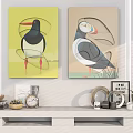 Two Bird Wall Paintings With Yellow Beige Backgrounds And Shelf Decor Items 3d model