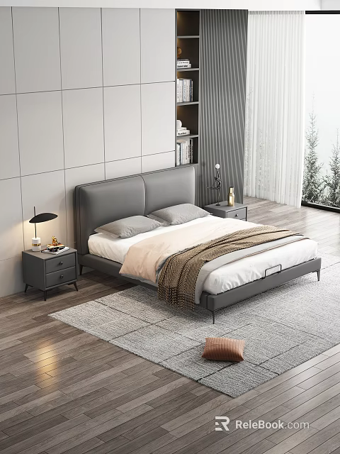 Background Double Bed With Gray Headboard Nightstands Table Lamps Gray Rug And Curtains 3d model 
