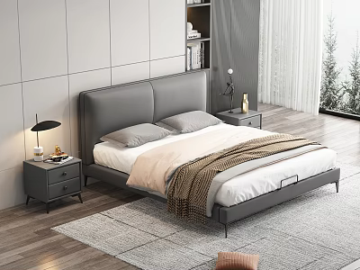 Background Double Bed With Gray Headboard Nightstands Table Lamps Gray Rug And Curtains 3d model