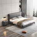 Background Double Bed With Gray Headboard Nightstands Table Lamps Gray Rug And Curtains