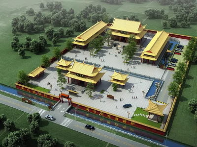 Traditional Ancient Architecture With Golden Roofs Enclosed Courtyard Green Lawns Trees Around Spacious Square 3d model