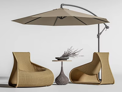 Outdoor Table with Rattan Wicker Chairs Cantilever Umbrella and Decorative Plants for Patio Garden 3d model
