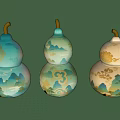 Decorative Gourds With Landscape Patterns Fortune Characters Number 3 And Golden Accents