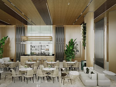 Elegant Modern Sales Office Interior With Wooden Ceiling Green Plants Sofa Dining Tables And Chandelier 3d model
