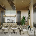 Elegant Modern Sales Office Interior With Wooden Ceiling Green Plants Sofa Dining Tables And Chandelier