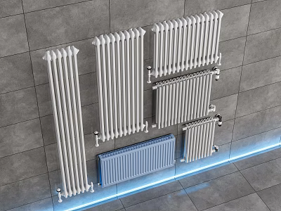 Various White Radiators Design Mounted On Grey Tile Wall With Different Styles 3d model