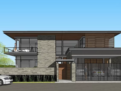 Modern Single Family Home with Stone Exterior Large Glass Windows Balcony Garage and Landscaping 3d model