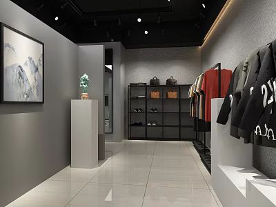 Modern Clothing Store Interior With Hanging Garments Bags Shoes And Decorative Painting 3d model