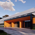 Modern Industrial Factory Exterior With Glass Curtain Walls Orange Structures and White Roof