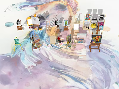 Vibrant Art Studio with Various Musical Instruments and Painting Supplies Including Easels Brushes and Violins 3d model