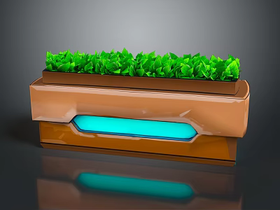 Green Leafy Plants In Modern Brown Planter With Blue Glowing Base 3d model