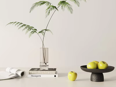 Stylish Decorative Ornament Combination With Clear Glass Vase Fern Plant Black Bowl And Yellow Apples 3d model