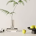 Stylish Decorative Ornament Combination With Clear Glass Vase Fern Plant Black Bowl And Yellow Apples