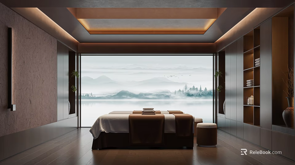 Spa Room Interior With Mountain And Water View 3d model 