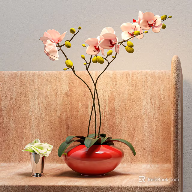 Red Ceramic Vase With Pink Orchids Green Buds And Brown Sofa Background 3d model