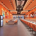 Bright Modern Hot Pot Restaurant with Orange Walls Orange Chairs Counter Seats and Decorative Paintings