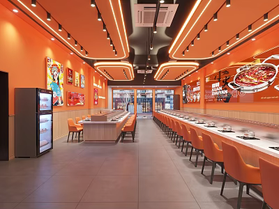 Bright Modern Hot Pot Restaurant with Orange Walls Orange Chairs Counter Seats and Decorative Paintings 3d model